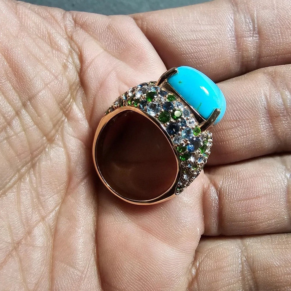 Ladies Turquoise Multi Gemstone Cluster Sterling Silver Statement Cocktail Ring - Picture 5 of 12